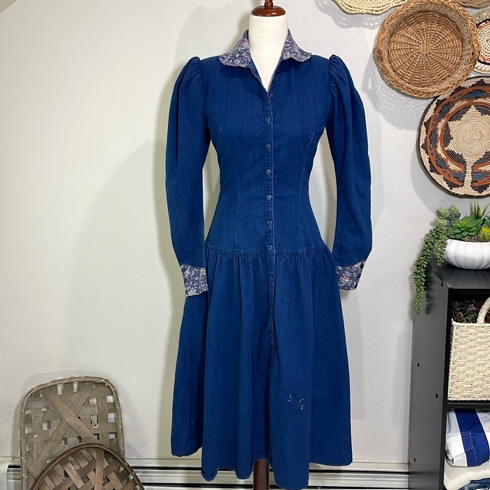 Vtg 80’s GUNNE SAX Denim Floral High Neck Button Down Rare Boho Prairie Size 7